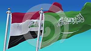 4k Seamless Iraq and Saudi Arabia Flags with blue sky background.