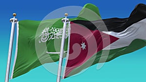 4k Seamless Jordan and Saudi Arabia Flags with blue sky background.