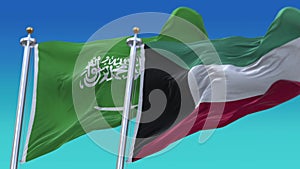 4k Seamless Kuwait and Saudi Arabia Flags with blue sky background.