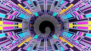 4k seamless looped animation. Fly through mirror symmetrical tunnel with neon pattern, sci fi glow pattern. Bright