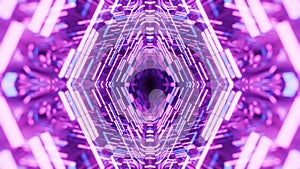 4k seamless looped animation. Fly through mirror symmetrical tunnel with neon pattern, sci fi glow pattern. Bright