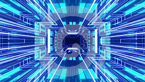 4k seamless looped animation. Fly through mirror symmetrical tunnel with neon pattern, sci fi glow pattern. Bright