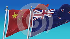 4k Seamless New Zealand and China Flags with blue sky background,NZL NZ CHN CN.