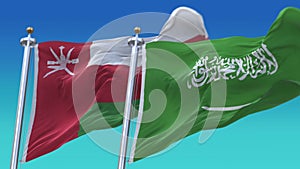 4k Seamless Oman and Saudi Arabia Flags with blue sky background.