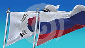 4k Seamless Republic of Korea & Russia Flags with sky background,KOR KR RUS RU.