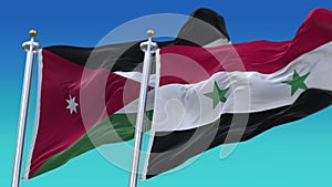 4k Seamless Syria and Jordan Flags with blue sky background.