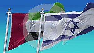4k Seamless United Arab Emirates and Israel Flags with blue sky background.