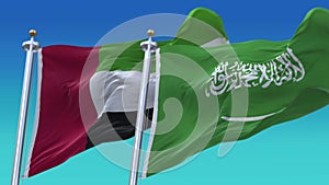 4k Seamless United Arab Emirates and Saudi Arabia Flags with blue sky background.