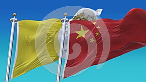 4k Seamless Vatican and China Flags with blue sky background,VAT CHN CN.