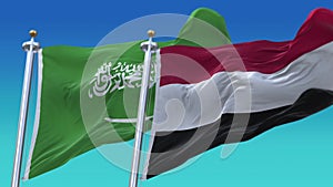 4k Seamless Yemen and Saudi Arabia Flags with blue sky background.