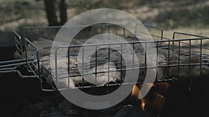 4k slow motion - close up shot of the cooking kebabs in the woods on the coals