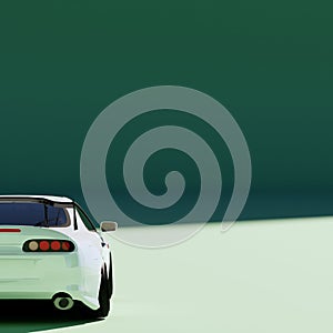 4K Square rear or back view agle a white metalic supercar with green pastel color background isolated, JDM japan car or Japanese D