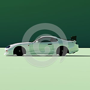 4K Square Side view agle a white metalic supercar with green pastel color background isolated, JDM japan car or Japanese D