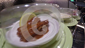 4k, Sushi on conveyor belt in Japan Restaurant, also known as sushi train