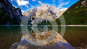 4K Time lapse of Braies Lake at sunrise, Dolomites, Italy