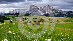 4K Time lapse of Mountain Langkofel view from Alpe Di Siusi, Dolomites, Italy