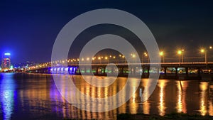 4K. time lapse night traffic on the bridge over the Dnieper River. 4096x2304.