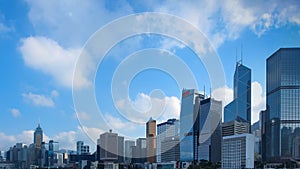 4K Time lapse of office building and business tower in downtown showing clouds moving overhead. Panorama scenery view of Skyscrape