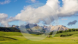 4K Time lapse of rolling clouds over Mt.Langkofel, view from Seiser Alm, Dolomites, Italy