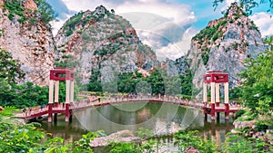 4k Time lapse,Scenery of Hin Kao Nguu National Park with tourists are traveling on a walkway,The famous attraction in Ratchaburi,T