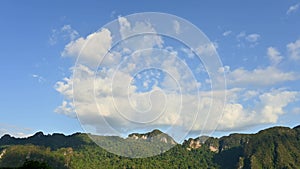 4K Time lapse video of clouscape with blue sky over evergreen mountain in the afternoon.