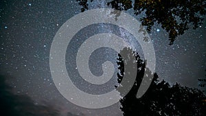 4k Timelapse Amazing Stars In Sky. Bottom View From Ground. Night Starry Sky With Glowing Stars And Meteoric Tracks