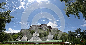 4k timelapse clouds rolling over Potala & white stupa.