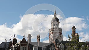 4K Timelapse of Fluffy Clouds Moving and Iconic Croydon Library Clock Tower on a Summer Day: Concepts of Historic Landmarks in