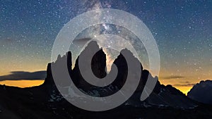 4K Timelapse of Milky way over Tre Cime, Dolomites, Italy