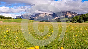 4K Timelapse of rolling clouds over Mt.Langkofel, view from Seiser Alm, Dolomites, Italy