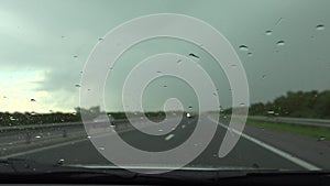 4K Traffic in Rain, Driving Car in Storm on Road Highway ,Stormy Windshield Travelling View