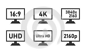 4k Ultra Hd icons set, UHD display specifications