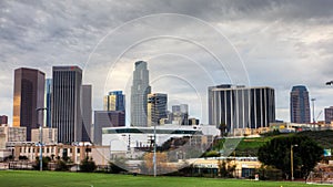 4K UltraHD View of Los Angeles skyline with soccer field in the foreground