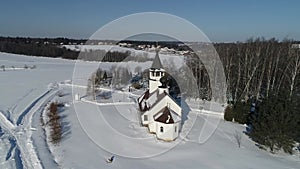 4K video. Aerial drone view video of The Church of the Smolensk icon of the Mother of God in the village Podolino