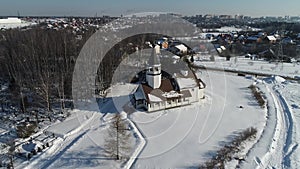 4K video. Aerial drone view video of The Church of the Smolensk icon of the Mother of God in the village Podolino