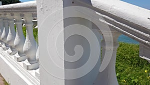 4k video, classic white balustrade with railing, stair railing, bright sunlight