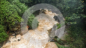 4k video of dirty muddy stream flowing in mountains after river got overflood after hevy raining