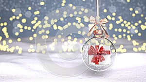 4k video Gift Box Christmas Tree Globe Bokeh. Prores 4444