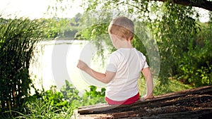 4k video of little toddler boy sitting on old tree log at river and throwing bread to ducks