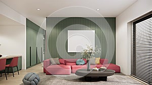 4K video of mockup apartment room interior design and decoration with viva magenta color sofa and chairs, 3d rendering