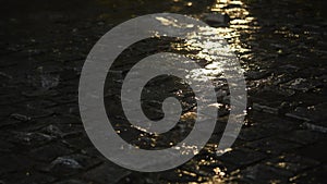 4K video of a torrential downpour onto cobblestone at night in the tropics.