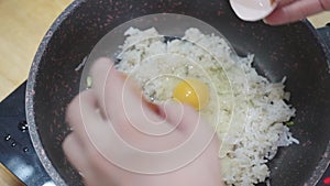 4k video. Woman chief cooking dish with grilled vegetables, meat, Ingredients for fried rice recipe