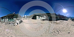 4K VR of Dingboche and Pheriche village in Nepal, basic point of everest base camp track. EBC. Buddhist stupa on