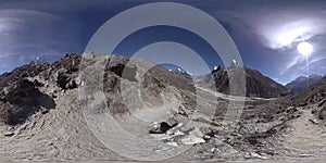4K VR of Dingboche and Pheriche village in Nepal, basic point of everest base camp track. EBC. Buddhist stupa on