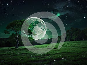 4k wallpaper natural night landscape with full moon and stars using green