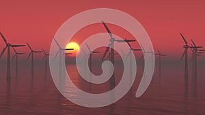 4k windmill turbines clean in sea at sunrise, green wind energy, new power.