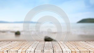 4K Wood floor against blur nature sea beach abstract background