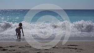 4K Young Girl Running in Waves, Beach View, Child, Kid Walking on Seashore