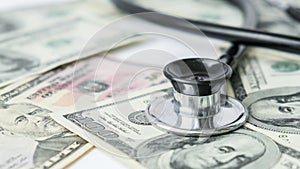 4k zoom in out Stack of cash dollars and stethoscope. The concept of medical expensive medicine, doctors salary. Copy