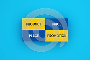 4P marketing mix concept. Product, place, price and promotion words on colorful blocks